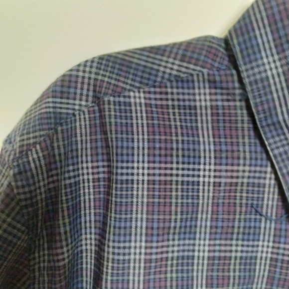 Calvin Klein Men's Dark Blue Red and Green Checked Plaid Button Front Shirt - Picture 7 of 8